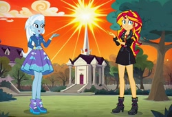 Size: 1216x832 | Tagged: safe, imported from twibooru, sunset shimmer, trixie, human, equestria girls, ai content, ai generated, blue sky, church, cloud, female, humanized, image, lesbian, needs more jpeg, prompter:tiamatnightmare, shipping, suntrix, tree