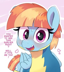 Size: 1065x1200 | Tagged: safe, artist:pabbley, imported from derpibooru, windy whistles, pegasus, pony, blushing, bronybait, clothes, cute, dialogue, female, folded wings, freckles, heart, looking at you, mare, open mouth, open smile, smiling, smiling at you, solo, sweat, text, uniform, windybetes, wings, wonderbolts uniform