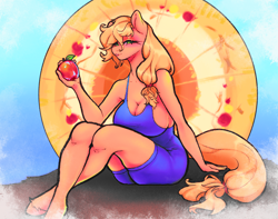 Size: 2596x2048 | Tagged: safe, artist:paintedcora, applejack, anthro, unguligrade anthro, art pack:nuclear neighs and deco days, apple, big breasts, breasts, female, food, holding, sitting