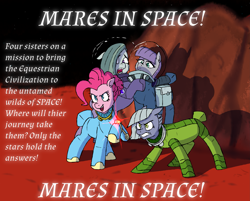 Size: 4481x3600 | Tagged: safe, artist:pony quarantine, limestone pie, marble pie, maud pie, pinkie pie, earth pony, pony, art pack:nuclear neighs and deco days, female, growling, mare, scared, space, spacesuit