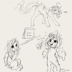 Size: 4000x4000 | Tagged: safe, artist:miokomata, imported from derpibooru, oc, oc only, oc:dazzling talents, alicorn, pony, alcohol, bag, blushing, butt, dialogue, dock, drink, drunk, drunk bubbles, eye clipping through hair, female, grayscale, innuendo, mare, monochrome, open mouth, open smile, paper bag, plot, presenting, rear view, simple background, sketch, sketch dump, smiling, solo, tail, white background