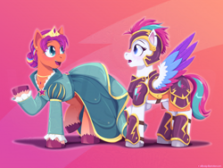 Size: 1600x1200 | Tagged: safe, artist:willoillo, imported from derpibooru, sunny starscout, zipp storm, earth pony, pegasus, alternate universe, armor, clothes, commission, dress, female, g5, lesbian, shipping, sunnystorm