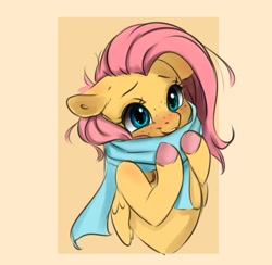 Size: 2319x2259 | Tagged: safe, artist:miokomata, imported from derpibooru, fluttershy, pegasus, pony, blushing, bust, clothes, colored hooves, cute, floppy ears, freckles, freckleshy, hooves, passepartout, scarf, shyabetes, simple background, solo, yellow background