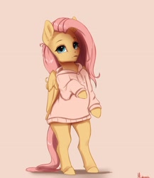 Size: 3222x3709 | Tagged: safe, artist:miokomata, imported from derpibooru, fluttershy, pegasus, pony, semi-anthro, beige background, clothes, cute, female, freckles, freckleshy, hoodie, mare, shyabetes, signature, simple background, solo