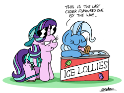 Size: 2144x1608 | Tagged: safe, artist:bobthedalek, imported from derpibooru, starlight glimmer, trixie, pony, unicorn, angry, atg 2024, bikini, clothes, duo, female, food, freezer, frown, hat, hoof hold, horn, ice lolly, inconvenient trixie, licking, mare, narrowed eyes, newbie artist training grounds, popsicle, sandals, simple background, starlight glimmer is not amused, sun hat, sunglasses, swimsuit, tongue out, transparent background, unamused