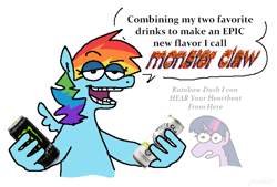 Size: 1350x912 | Tagged: safe, artist:punkittdev, imported from derpibooru, rainbow dash, twilight sparkle, pegasus, pony, unicorn, dialogue, drink, energy drink, female, flaming text, horn, lidded eyes, mare, monster energy, simple background, soda can, solo focus, speech bubble, suddenly hands, teeth, this will end in hospitalization, white background, white claw