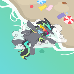 Size: 1800x1800 | Tagged: safe, artist:threetwotwo32232, imported from derpibooru, oc, oc only, oc:cool time, pegasus, pony, atg 2024, beach, cloud, female, food, ice cream, mare, newbie artist training grounds, ocean, solo, sunglasses, water