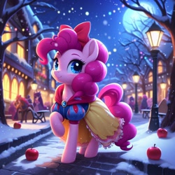 Size: 1024x1024 | Tagged: safe, imported from derpibooru, pinkie pie, earth pony, ai content, ai generated, apple, clothes, disney, disney princess, dress, female, food, night, prompter:pinkiepiepics, snow, snow white, solo