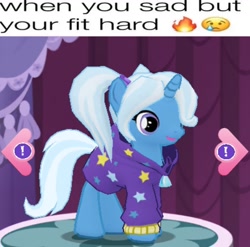 Size: 900x889 | Tagged: safe, edit, edited screencap, imported from derpibooru, screencap, trixie, unicorn, 3d, alternate hairstyle, babysitter trixie, clothes, emoji, female, gameloft, hoodie, horn, mare, meme, my little pony: magic princess, pigtails, smiling