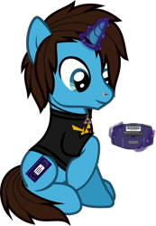 Size: 845x1219 | Tagged: safe, artist:lightningbolt, derpibooru exclusive, imported from derpibooru, pony, unicorn, .svg available, clothes, game boy advance, geoff wigington, glowing, glowing horn, horn, jewelry, magic, male, necklace, nose piercing, piercing, ponified, raised hoof, shirt, show accurate, simple background, sitting, smiling, solo, stallion, svg, t-shirt, the legend of zelda, transparent background, vector, video game, waterparks