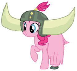 Size: 463x428 | Tagged: safe, artist:qjosh, imported from derpibooru, pinkie pie, earth pony, pony, yak, female, helmet, honorary yak horns, horned helmet, pony to yak, solo, transformation, transformation sequence, viking helmet