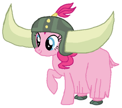 Size: 484x432 | Tagged: safe, artist:qjosh, imported from derpibooru, pinkie pie, earth pony, pony, yak, female, helmet, honorary yak horns, horned helmet, pony to yak, solo, transformation, transformation sequence, viking helmet