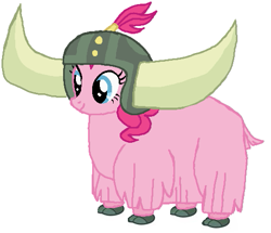 Size: 511x439 | Tagged: safe, artist:qjosh, imported from derpibooru, pinkie pie, earth pony, yak, female, helmet, honorary yak horns, horned helmet, pony to yak, solo, transformation, transformation sequence, viking helmet