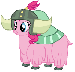 Size: 457x438 | Tagged: safe, artist:qjosh, imported from derpibooru, pinkie pie, earth pony, yak, female, helmet, honorary yak horns, horned helmet, pony to yak, solo, transformation, transformation sequence, viking helmet