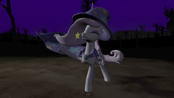 Size: 3840x2160 | Tagged: safe, artist:blitzytehpony, imported from derpibooru, fleur-de-lis, pony, unicorn, 3d, cape, castle of the royal pony sisters, clothes, eyes closed, female, flowing mane, gmod, hat, horn, magic wand, mare, mouth hold, night, raised hoof, raised leg, solo, trixie's cape, trixie's hat