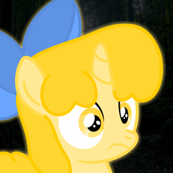 Size: 1920x1920 | Tagged: safe, artist:snowflakepone, edit, edited screencap, imported from derpibooru, screencap, oc, oc only, oc:snowflake, pony, unicorn, big eyes, bow, dark background, face, female, filly, flashback, foal, glowing, hair bow, horn, missing cutie mark, ponytail, ptsd, simple background, stare, thousand yard stare, traumatized, yellow eyes, yellow mane