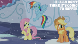 Size: 2000x1125 | Tagged: safe, edit, edited screencap, editor:quoterific, imported from derpibooru, screencap, applejack, fluttershy, rainbow dash, earth pony, pegasus, pony, the crystalling, female, mare, snow, trio, trio female