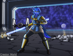 Size: 1800x1400 | Tagged: safe, artist:creatorworld, imported from derpibooru, oc, oc only, oc:guard cobalt flash, anthro, armor, blaster, jedi, lightsaber, space, star wars, starfighter, stormtrooper, tie fighter, weapon