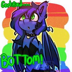 Size: 768x768 | Tagged: safe, artist:fluffyghost, imported from derpibooru, oc, oc:guard cobalt flash, bat pony, bat pony oc, bat wings, bipedal, bottom, clothes, collar, gay, male, rainbow, socks, solo, stallion, wings