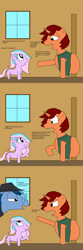 Size: 2000x6000 | Tagged: safe, artist:blazewing, imported from derpibooru, oc, oc only, oc:pastel macaroon, oc:syntax, oc:tough cookie, earth pony, unicorn, 3 panel comic, amused, angry, atg 2024, aunt and niece, belly, chubby, clothes, comic, doorway, drawpile, fedora, female, filly, foal, glasses, hat, horn, male, mare, newbie artist training grounds, pointing, raised hoof, stallion, stuck, text, too fat to fit, too fat to get through, vest, window