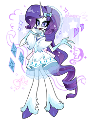 Size: 1691x2212 | Tagged: safe, artist:budweiset, imported from derpibooru, rarity, anthro, demon, unguligrade anthro, clothes, colored sclera, cutie mark, cutie mark background, cutie mark on clothes, demonized, female, heart, hellaverse, horn, looking at you, passepartout, simple background, solo, species swap, standing, thick eyelashes, unshorn fetlocks, white background