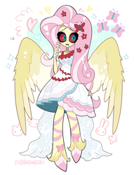 Size: 1691x2212 | Tagged: safe, artist:budweiset, imported from derpibooru, fluttershy, anthro, demon, unguligrade anthro, clothes, colored sclera, cutie mark, cutie mark background, cutie mark on clothes, demonized, fangs, female, heart, hellaverse, looking at you, passepartout, simple background, solo, species swap, standing, thick eyelashes, unshorn fetlocks, white background, wings