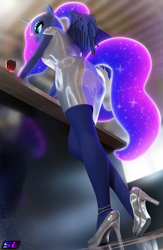 Size: 2160x3320 | Tagged: safe, artist:shadowboltsfm, imported from derpibooru, princess luna, alicorn, anthro, plantigrade anthro, 3d, anklet, blender, breasts, clothes, dress, eyeshadow, female, glass, high heels, high res, horn, jewelry, legs, low angle, makeup, not sfm, ponytail, shoes, smiling, solo, sparkly mane, sparkly tail, tail, wine glass, wings