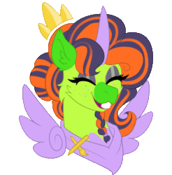 Size: 807x821 | Tagged: safe, artist:sevenserenity, imported from derpibooru, oc, oc only, oc:twiggy doodle, alicorn, classical unicorn, unicorn, animated, bucktooth, cloven hooves, crown, gif, handkerchief, horn, jewelry, leonine tail, pin, regalia, solo, unshorn fetlocks