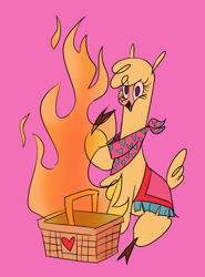 Size: 1024x1386 | Tagged: safe, artist:nonameorous, imported from derpibooru, alpaca, them's fightin' herds, bandana, basket, cloven hooves, community related, fire, open mouth, paprika (tfh), picnic basket, pink background, raised hoof, simple background, sitting, solo