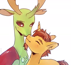 Size: 3000x2730 | Tagged: safe, artist:sivelu, imported from derpibooru, sunburst, thorax, changedling, changeling, pony, unicorn, blushing, duo, ear fluff, gay, gem, horn, horns, king thorax, looking at each other, looking at someone, male, nose to nose, red eyes, shipping, signature, simple background, smiling, smiling at each other, stallion, thoraxburst, white background