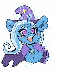Size: 1664x2048 | Tagged: safe, artist:chibichangeling, imported from derpibooru, trixie, pony, unicorn, blushing, bust, cheek fluff, chest fluff, ear fluff, eyebrows, eyebrows visible through hair, female, fluffy, horn, mare, open mouth, open smile, smiling, solo, sparkles