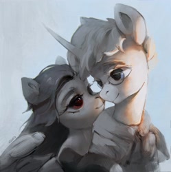Size: 2930x2936 | Tagged: safe, artist:rvsd, imported from derpibooru, oc, oc only, pegasus, pony, unicorn, boop, commission, female, high res, horn, hug, hug from behind, looking at each other, looking at someone, looking back, male, mare, noseboop, oc x oc, shipping, stallion, straight