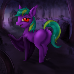 Size: 1500x1500 | Tagged: safe, artist:zeklullaby, imported from derpibooru, oc, oc only, oc:silent wish, bat pony, pony, 2016, bat pony oc, bat wings, butt, commission, dock, fangs, female, gravestone, graveyard, lidded eyes, looking at you, looking back, looking back at you, mare, night, open mouth, open smile, outdoors, plot, rear view, signature, smiling, solo, tail, tree, wings