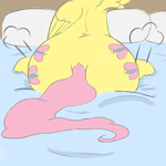 Size: 1000x1000 | Tagged: artist needed, source needed, safe, fluttershy, pegasus, pony, bed, both cutie marks, butt, butt focus, female, flutterbutt, mare, plot, sitting, solo, tail, wings