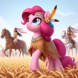 Size: 1024x1024 | Tagged: safe, imported from derpibooru, pinkie pie, horse, human, pony, ai content, ai generated, disney, feather, female, native american, pocahontas, prompter:pinkiepiepics