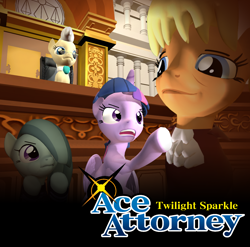 Size: 1142x1130 | Tagged: safe, artist:blitzytehpony, imported from derpibooru, marble pie, mayor mare, ms. harshwhinny, twilight sparkle, alicorn, earth pony, pony, 3d, ace attorney, angry, courtroom, female, glasses, gmod, logo, logo parody, looking down, mare, parody, pointing, raised hoof, raised leg, recreation, smug, twilight sparkle (alicorn)