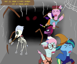 Size: 3440x2860 | Tagged: safe, artist:khazard, imported from derpibooru, kerfuffle, pipp petals, skellinore, tempest shadow, pegasus, skeleton pony, unicorn, series:grogar's game, the break up breakdown, atg 2024, axe, bard, berserker, black mage, blacksmith, bone, fantasy class, g5, horn, misty brightdawn, newbie artist training grounds, skeleton, spellsword, spider web, sword, weapon