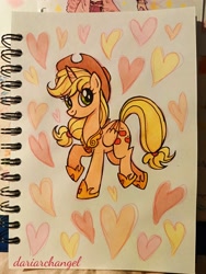 Size: 3000x4000 | Tagged: safe, artist:dariarchangel, imported from derpibooru, applejack, alicorn, pony, alicornified, applecorn, applejack's hat, cowboy hat, cute, element of honesty, female, folded wings, hat, heart, hoof shoes, jackabetes, mare, photo, princess applejack, princess of apples, princess shoes, race swap, sketchbook, smiling, traditional art, wings