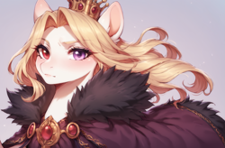 Size: 1833x1200 | Tagged: safe, imported from derpibooru, oc, oc:briar southcape, earth pony, ai content, ai generated, cape, clothes, crown, fur coat, jewelry, looking at you, prompter:greesys, queen, regalia, solo