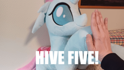 Size: 640x360 | Tagged: safe, artist:dsmidna, imported from derpibooru, ocellus, changedling, changeling, human, female, floppy ears, hand, high five, irl, irl human, photo, picture frame, plushie, smiling, text