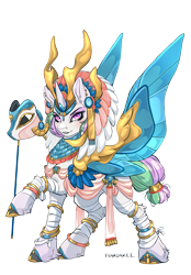 Size: 2527x3635 | Tagged: safe, artist:kez, imported from derpibooru, oc, oc:armistice, pony, unicorn, artificial wings, augmented, egyptian, horn, mask, mummy, solo, wings