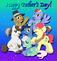 Size: 2358x2550 | Tagged: safe, artist:jac59col, imported from derpibooru, bow hothoof, bright mac, gentle breeze, hondo flanks, igneous rock pie, night light, earth pony, pegasus, pony, unicorn, clothes, dad six, father, father's day, hat, horn, male, mane six opening poses, stallion, unshorn fetlocks