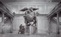 Size: 4971x3000 | Tagged: safe, artist:littlepolly, imported from derpibooru, human, pony, globe, grayscale, monochrome, pony on earth, statue