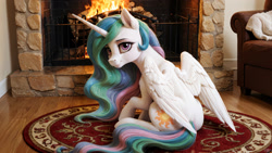 Size: 2560x1440 | Tagged: safe, artist:dovakkins, imported from derpibooru, princess celestia, alicorn, pony, ai assisted, ai content, carpet, cute, cutelestia, ear fluff, female, fireplace, folded wings, living room, looking at you, mare, missing accessory, raised hoof, shy, sitting, smiling, smiling at you, solo, tail, watermark, wavy mane, wavy tail, wings