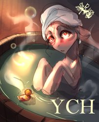 Size: 1748x2150 | Tagged: safe, artist:charlot, imported from derpibooru, oc, pony, any gender, any race, any species, auction, auction open, bath, bathing, bathroom, blushing, commission, looking at you, sketch, solo, steam, towel, towel on head, water, ych sketch, your character here