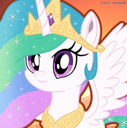 Size: 1980x1986 | Tagged: safe, imported from derpibooru, princess celestia, alicorn, pony, :3, crown, cute, cutelestia, female, gem, horn, jewelry, looking at you, mare, outdoors, regalia, shading, solo, sparkles, spread wings, sunset, wings