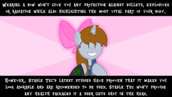 Size: 1280x720 | Tagged: safe, artist:snowflake_pone, imported from derpibooru, oc, oc:littlepip, unicorn, fallout equestria, bow, cute, female, grin, hair bow, happy, horn, joke, mare, pink background, pink bow, pip buck, simple background, smiling, text