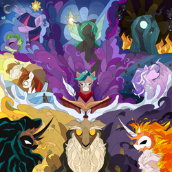 Size: 6106x6118 | Tagged: safe, artist:damayantiarts, imported from derpibooru, daybreaker, pipsqueak, queen chrysalis, spike, twilight sparkle, oc, alicorn, changeling, changeling queen, dragon, pony, female