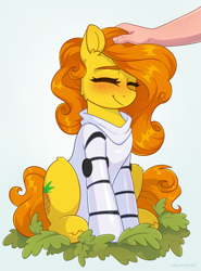 Size: 1855x2511 | Tagged: safe, artist:skysorbett, imported from derpibooru, oc, oc only, oc:anna pine, earth pony, pony, blushing, curly mane, eyes closed, food, freckles, gradient background, hand, haydee, orange mane, patting, pineapple, sitting, smiling, solo, yellow coat