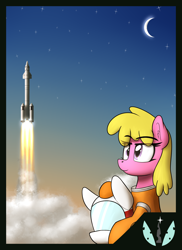 Size: 2184x3000 | Tagged: safe, artist:seafooddinner, cherry berry, earth pony, pony, art pack:nuclear neighs and deco days, crescent moon, eye clipping through hair, female, mare, moon, poster, rocket, spacesuit